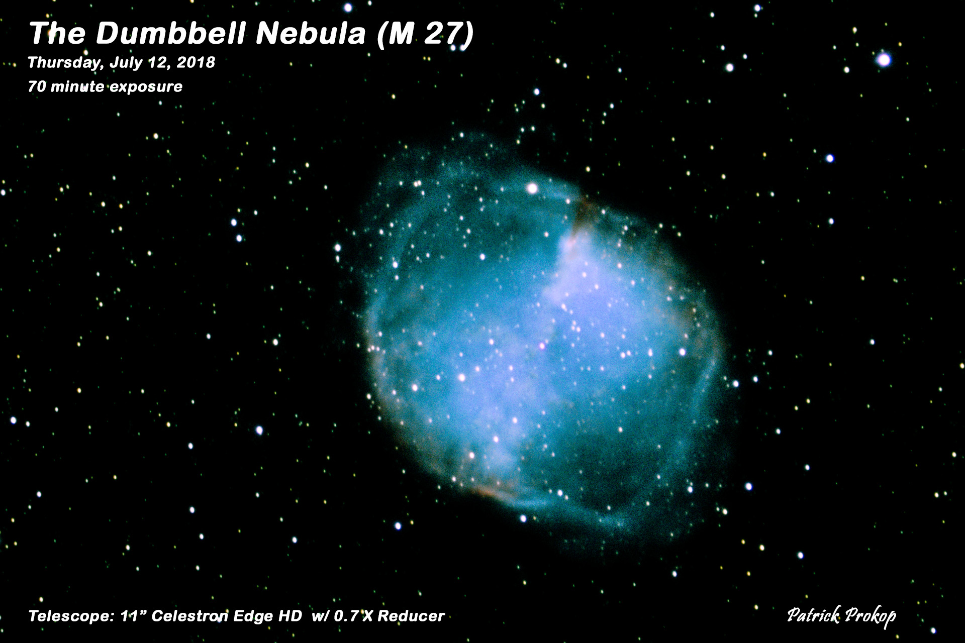The Dumbbell Nebula,  M27, July 12, 2018  ... Click on image for larger view