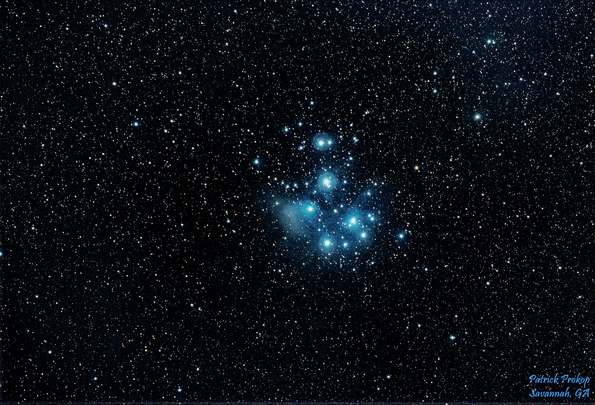 The Pleiades Star Cluster, M45, Full View, Oct 6, 2019, 2018  
... Click on image for larger view